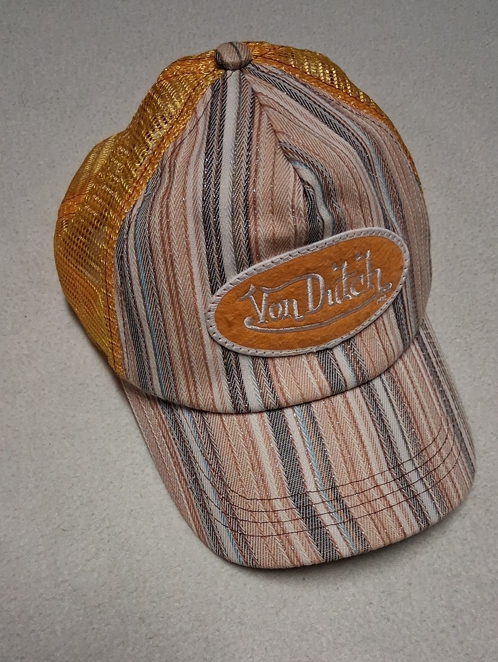 Von Dutch Striped Front Trucker Hat with Yellow Mesh
